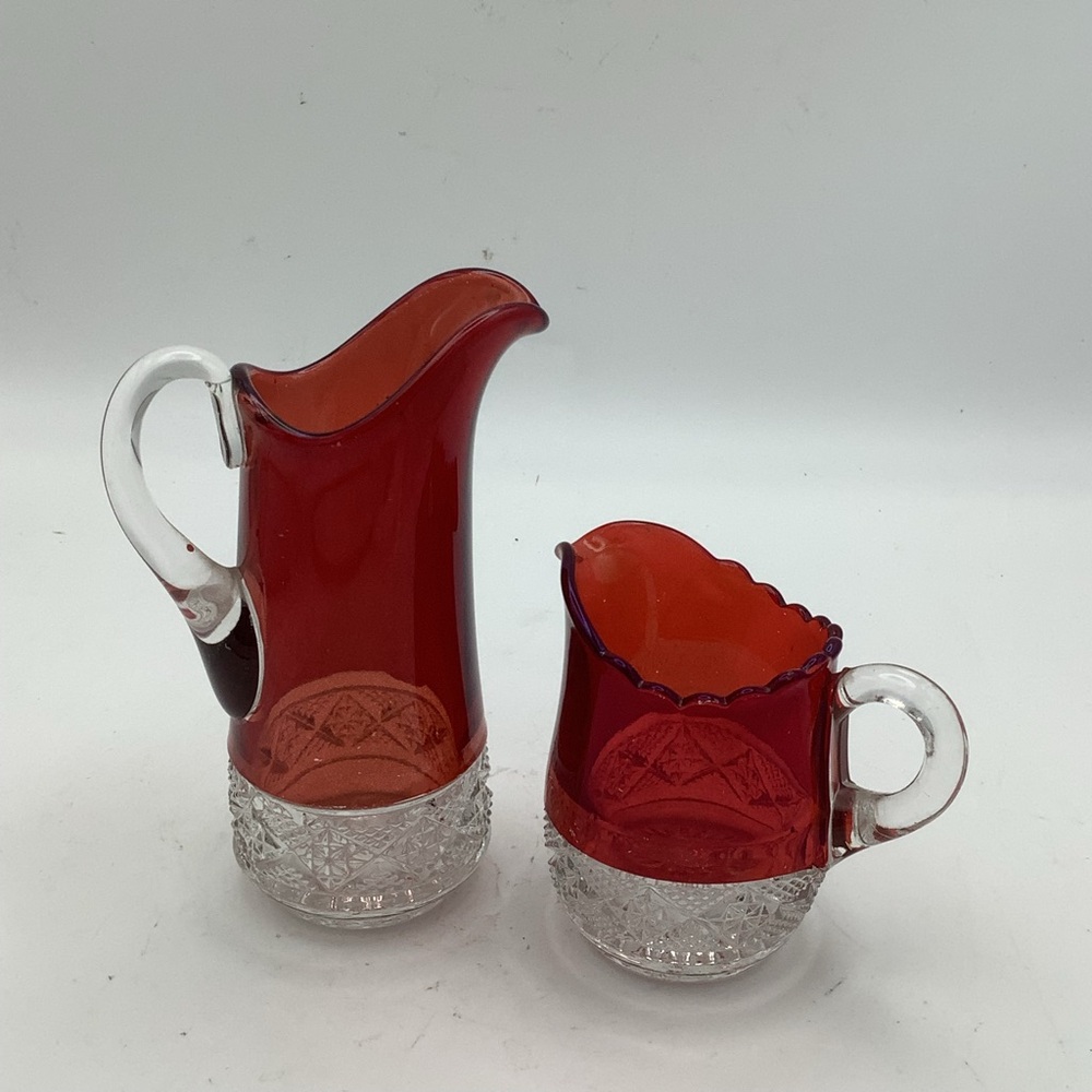 Two Glass Small Pitchers with Ruby Red Detail